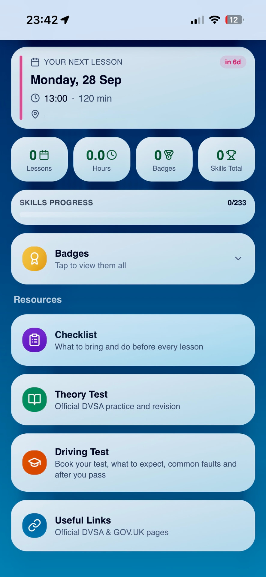 Calmway app dashboard showing lesson calendar, bookings and waiting list