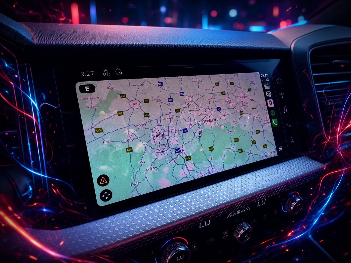 Car dashboard navigation screen showing a map of Sheffield, Barnsley and the surrounding region