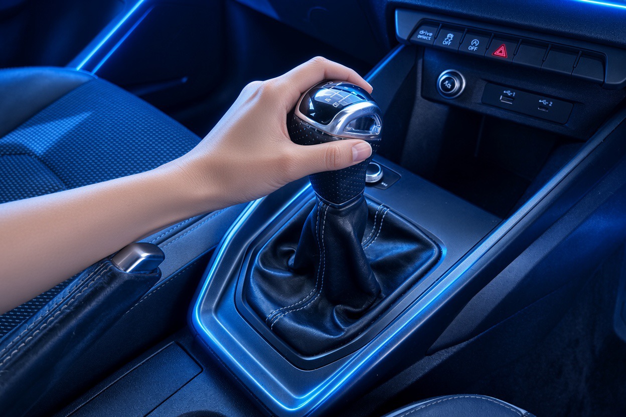 Hand on the manual gear stick inside the Calmway car