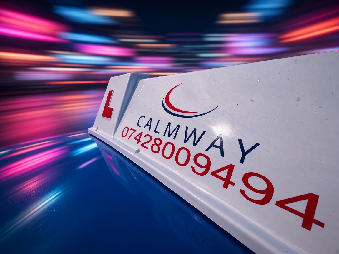 Calmway driving school roof box with L-plate and contact number against neon light trails